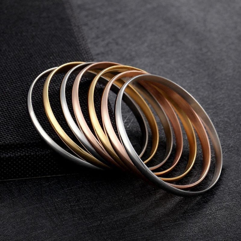 Castillna Tri-Color Silver Gold Rose Gold Bangle Bracelets for Women, 8.4 Inches - Image 5